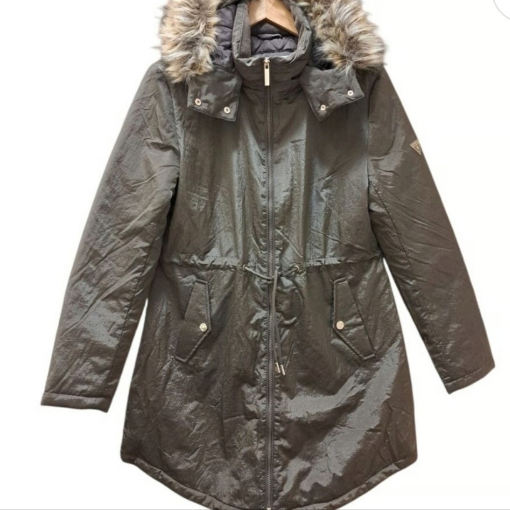 Guess Grace Shiny Crinkle Nylon Parka Jacket Fur Trim Hood Size M Green New